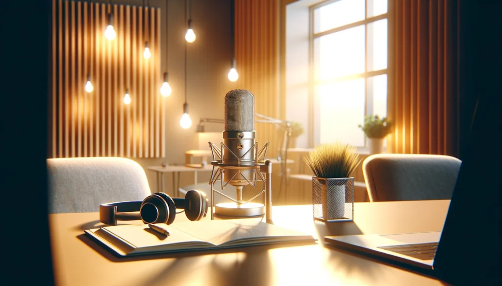 Rendering of a podcast studio where podcast content and content ads are created.
