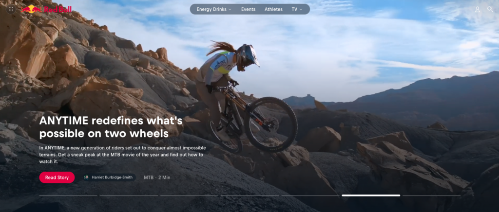 Red Bull homepage showcasing extreme sports like mountain bike riding. An example of targeting a specific customer persona well.