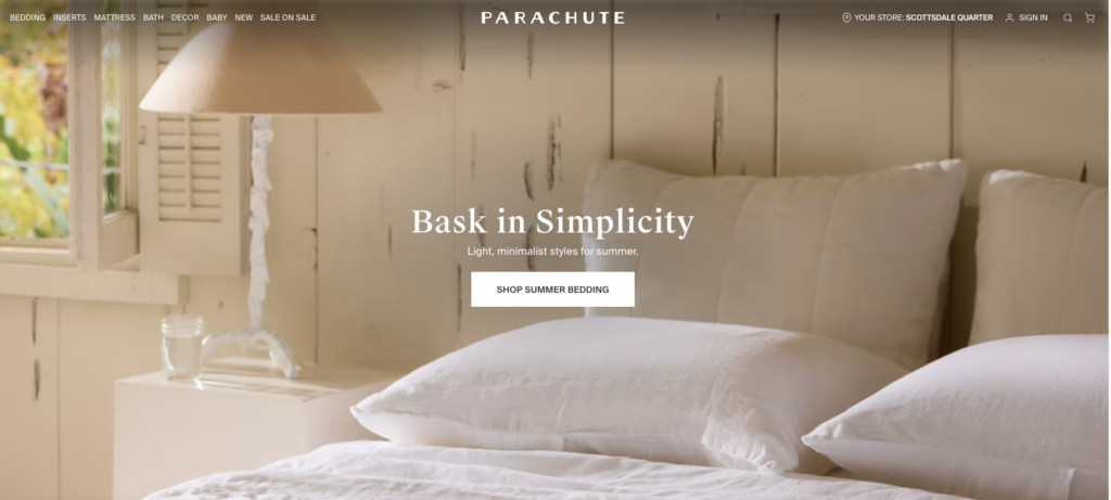 Screenshot of Parachute's homepage reading Bask in Simplicity