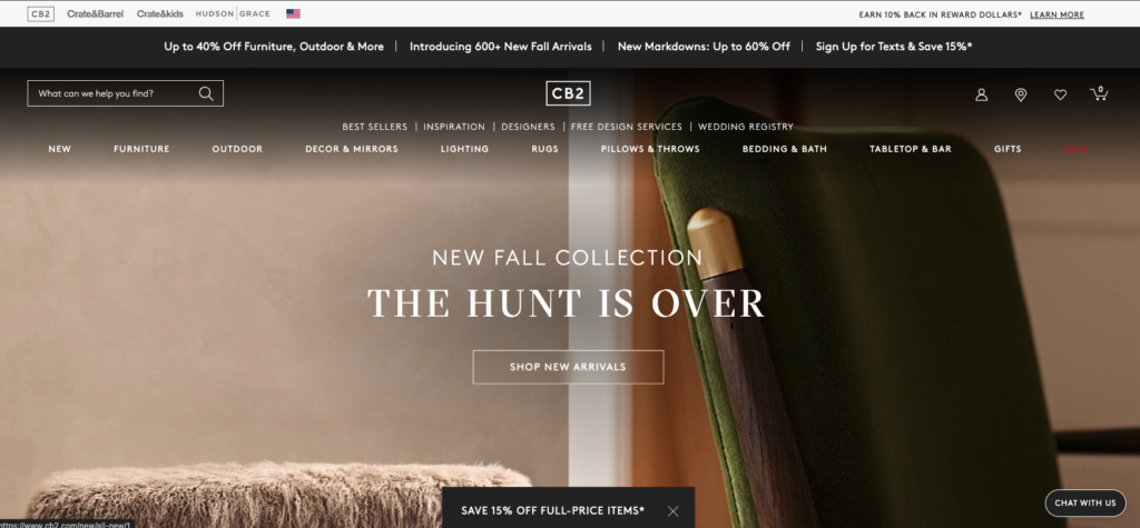 Screenshot of CB2's homepage reading The Hunt is Over