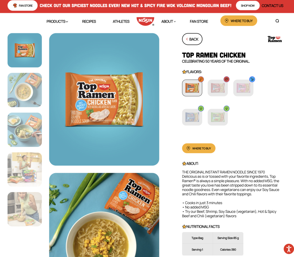 Nissin's website featuring Top Ramen chicken flavor